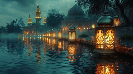 Lantern-Lit Mosque Walls on Eid al-Adha Night