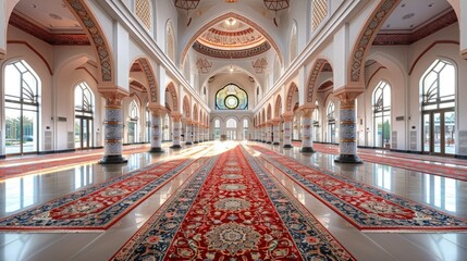 Obraz premium The interior of a mosque adorned with intricate decorations, illuminated by the soft light of dawn on the day of Eid al-Adha.