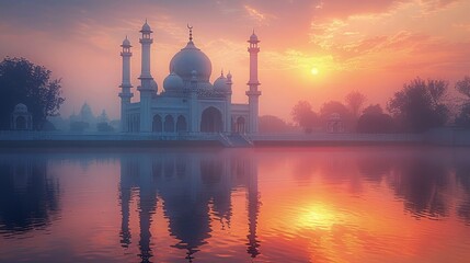 The serene beauty of a mosque's domes and minarets reflected in the still waters of a tranquil lake at twilight, evoking a sense of inner peace and spiritual harmony.