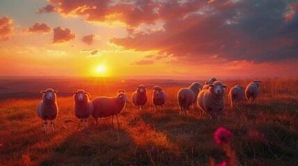 The silhouette of a herd of sheep against the backdrop of a vibrant sunset sky, symbolizing the sacrificial animals prepared for Eid al-Adha celebrations. - obrazy, fototapety, plakaty