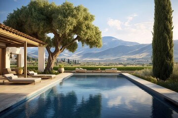 Swimming pool in a private luxurious villa. AI generated image. - obrazy, fototapety, plakaty