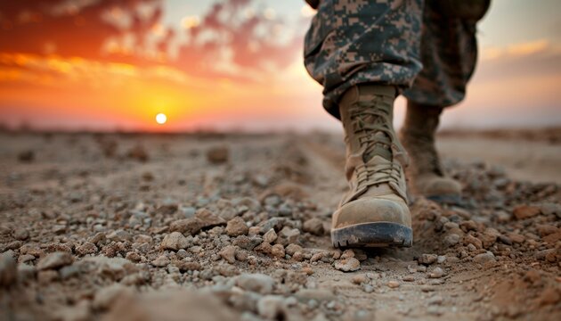 Veteran soldier overcoming obstacle on military training ground with battlefield panorama