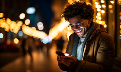 Young stylish man using smartphone for 5G digital communication, social media in urban setting - Stock image of millennial male texting on mobile device