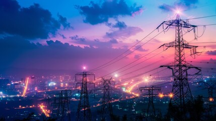 A city skyline with many power lines and a network of lines connecting them