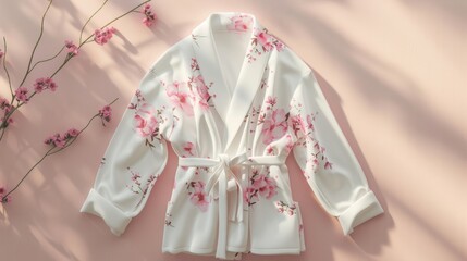 Blank mockup of a satin bathrobe with a delicate floral pattern elegant and feminine. . - obrazy, fototapety, plakaty