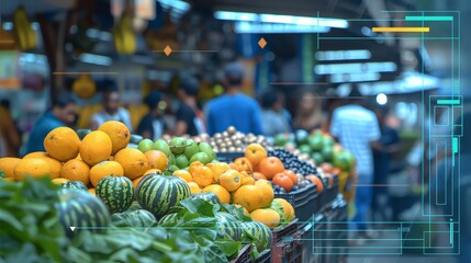 A basket of assorted fruits, each piece a jewel of natures bounty, strolled through a bustling market, their enticing colors and aromas attracting eager shoppers