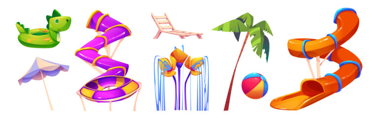 Obraz premium Waterpark slide and equipment for summer relax. Cartoon vector illustration set of bright amusement aquapark spiral tunnel waterslide, inflatable ball and ring, lounge chair and umbrella, palm tree.