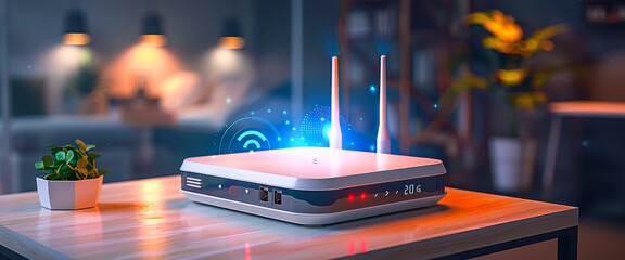 High-Speed 5G Router for Secure Home Networks, Next-Gen Online Communication - Modern Bandwidth Router Banner - obrazy, fototapety, plakaty