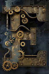 Steampunk "E" merges brass gears and pipes into a symphony of industrial elegance.