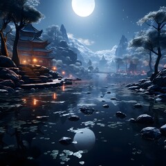 Fototapeta premium Fantasy landscape with pagoda and moon. 3d illustration.