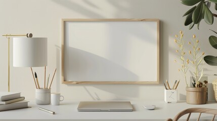A white framed picture sits on a desk next to a cup and a notebook