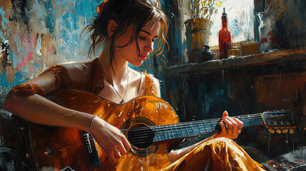 Women Guitarist Playing Guitar Antique Liquid Art Watercolor Oil Painting on Canvas - obrazy, fototapety, plakaty