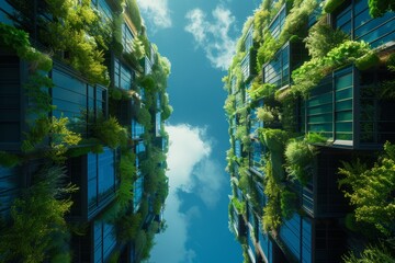 Environmentally friendly green city architecture skyscraper design urban planning nature leaves trees plants oxygen producing vertical garden eco-aware buildings tall modern town buildings - obrazy, fototapety, plakaty