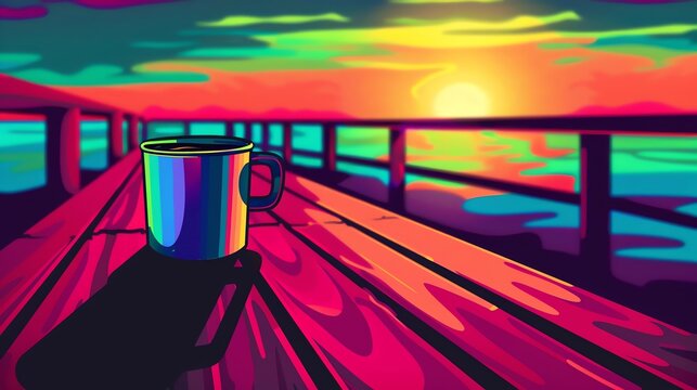 A forgotten mug of coffee, its contents now cold and congealed, remained perched on a weathered wooden plank on a deserted beach, a silent witness to countless sunsets