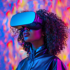 A beautiful African American woman wearing futuristic virtual reality goggles against a colorful holographic background.