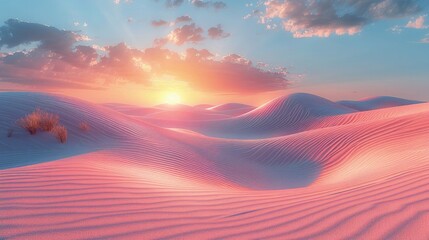 Tranquil desert landscape at dawn on Eid Al-Adha, with the soft light of the rising sun illuminating the horizon and a sense of serenity permeating the scene. - obrazy, fototapety, plakaty