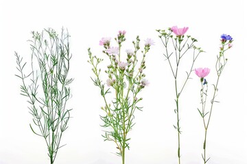 Fototapeta premium A vibrant collection of various meadow flowers, presenting unique shapes and colors, meticulously arranged on a stark white background to highlight their natural beauty.