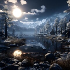 Fantasy landscape with lake and mountains at night. 3d illustration