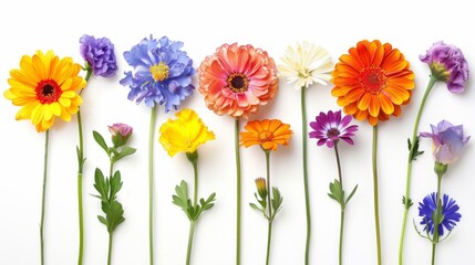 A vibrant collection of various meadow flowers, presenting unique shapes and colors, meticulously arranged on a stark white background to highlight their natural beauty.