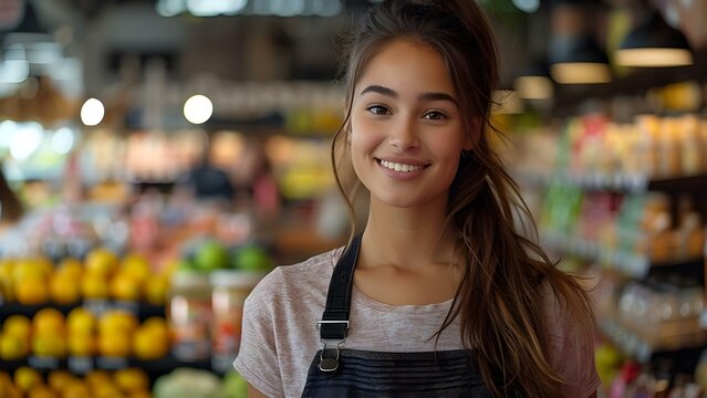 The title can be changed to: "Cheerful Female Cashier Enhances Friendly Customer Service in Grocery Store". Concept 1, Grocery Store, .2, Female Cashier, .3, Customer Service, .4