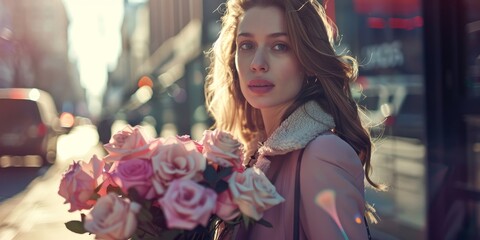 Woman Holding Bouquet of Flowers on City Street