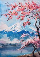 Iconic Japanese mountain, framed by cherry blossom tree. Majestic symbol of Japan's beauty and culture, capturing the essence of serene landscapes and traditional aesthetics.


