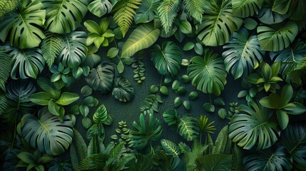Fototapeta na wymiar Tropical Rainforest Canopy. A Seamless View from Above, Revealing the Dark Green Canopy of Tropical Rainforest Leaves in Exquisite Detail.