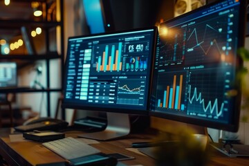 Detailed Business Analytics and Data Visualization Displayed on Dual Monitors