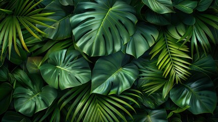 Lush Palm Leaves. A Seamless Background of Dark Green Palm Leaves, Captured from Above.