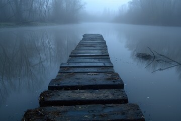 Tranquil scene of a wooden dock stretching into a misty lake surrounded by lush green trees - Powered by Adobe