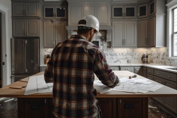 Architect Reviewing Blueprints in a Modern Kitchen During a Renovation Project