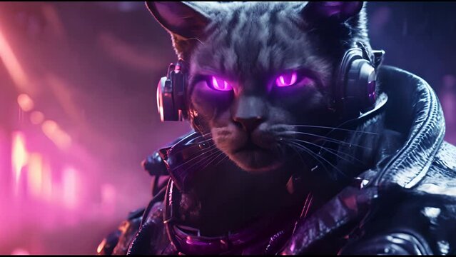 Anthropomorphic fantasy cat in cyborg armor. Fantastic android kitten in cyberpunk style. Technology and future concept.