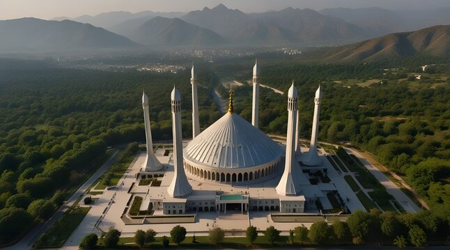 Aerial shot of Islamabad, the capital city of Pakistan showing the landmark Shah Faisal Mosque.generative.ai