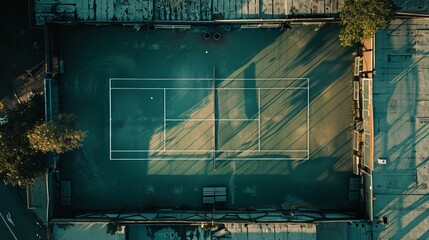 Aerial View of a Sunlit Empty Tennis Court at Dawn