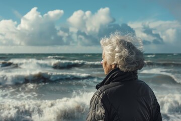 Fototapeta premium Elderly Woman Contemplating the Turbulent Ocean Under a Cloudy Sky