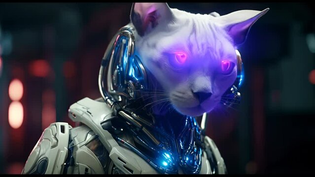 Anthropomorphic fantasy cat in cyborg armor. Fantastic android kitten in cyberpunk style. Technology and future concept.