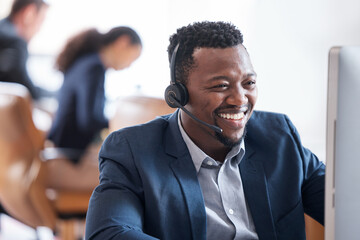 Happy man, computer and headphones in call center for customer service, consulting and operator....