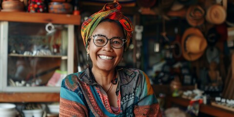 Obraz premium Smiling Ethnic Small Business Owner in Her Artisan Shop