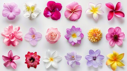 A vibrant collection of various meadow flowers, presenting unique shapes and colors, meticulously arranged on a stark white background to highlight their natural beauty.