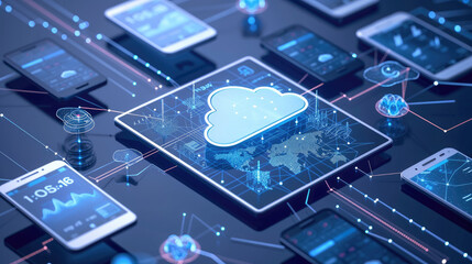 This digital art captures the essence of cloud technology, where diverse devices share data through a visually symbolic cloud, highlighting global connectivity.