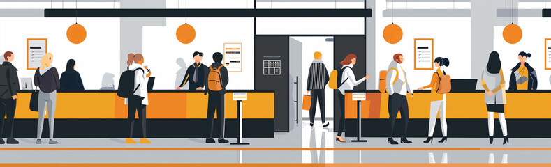  Bank finance office interior with busy bank tellers and bank manager with customers waiting in line. Generative AI.