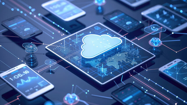 This digital art captures the essence of cloud technology, where diverse devices share data through a visually symbolic cloud, highlighting global connectivity.