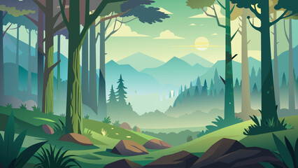 Landscape vector illustration of foggy forest in morning. Misty mountains, Trees, River, Road, Moon
