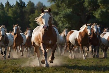 Obraz premium American Paint Horse in the Herd and Running, 8K Landscape Photo Realistic.generative.ai