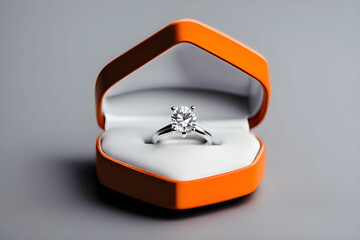 Diamond engagement ring in orange box on black background. Wedding proposal and happiness concept.