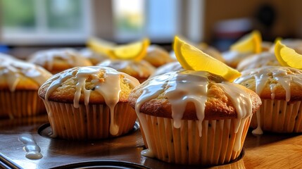 Lemon and poppy seed muffins, close-up, with a zesty lemon glaze drizzled over the top, on a sunny kitchen countertop.