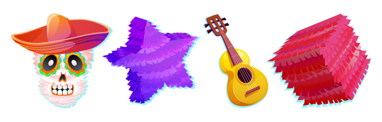 Traditional Mexican carnival and holiday festival elements - paper pinata in shape of cube, star and skull, sombrero hat and guitar. Cartoon vector illustration set of Cinco de Mayo stickers.
