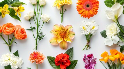 A vibrant collection of various meadow flowers, presenting unique shapes and colors, meticulously arranged on a stark white background to highlight their natural beauty.