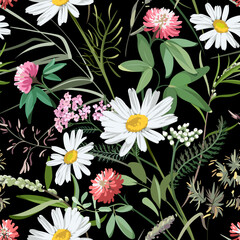 Seamless pattern with flowers - Chamomilla, Clover, Achillea Millefolium and grass isolated on the black background. Hand-drawn illustrations of wildflowers.