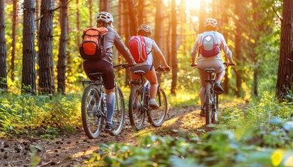 Energetic cyclists riding through dense forest with sunlight filtering amidst tree trunks